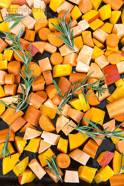 Geschnittener Kürbis  Karotten und Süßkartoffeln mit Rosmarinzweigen auf Backblech