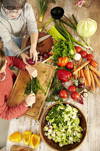 Junge und Mädchen beim Gemüsehacken in der Küche  Draufsicht