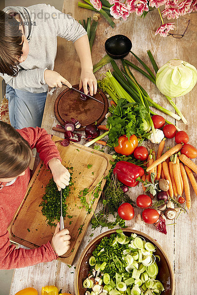 Junge und Mädchen beim Gemüsehacken in der Küche  Draufsicht