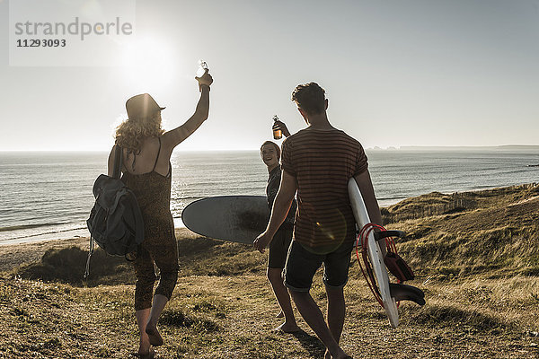 Drei Freunde mit Surfbrettern beim Toasten am Meer