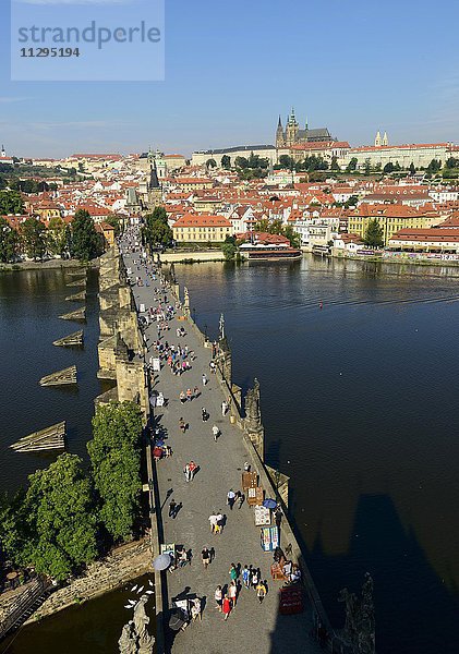 Karlsbrücke über die Vltava mit Prager Burg und Veitsdom auf dem Hradcny  Castle District  Castle District  Prag  Tschechien  Europa