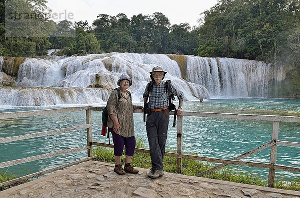 Touristen stehen an den Cataratas de Agua Azul  Wasserfälle des blauen Wassers  Palenque  Bundesstaat Chiapas  Mexiko  Mittelamerika