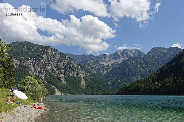 Badende im Sommer am Plansee mit Kohlbergspitze  Ammergauer Alpen  Tirol  Österreich  Europa