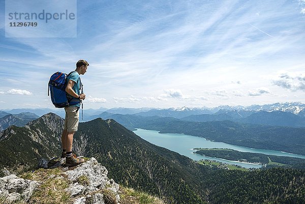 Wanderer am Heimgarten  Ausblick vom Gipfel mit Walchensee und Herzogstand  Oberbayern  Bayern  Deutschland  Europa