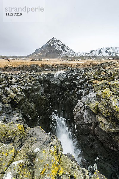 Wasser bricht aus einem Blow Hole aus  Arnarstapi  Westisland  Island  Europa