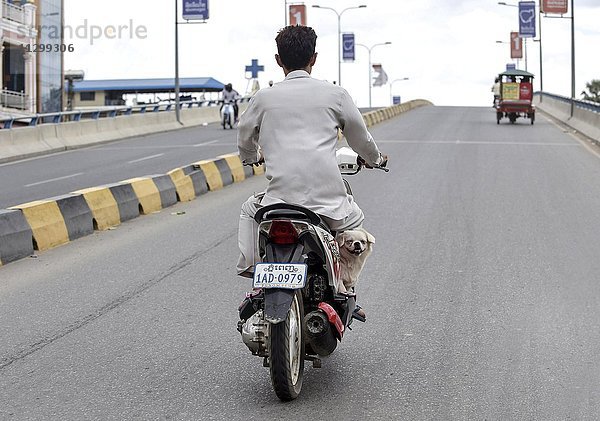 Mann mit Moped und einem Hund  Phnom Penh  Kambodscha  Asien