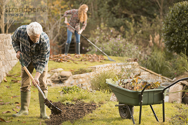 Ehepaar bei der Gartenarbeit  das Herbstlaub harkend