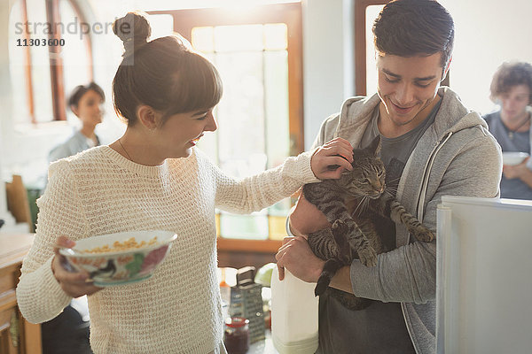 Junges Paar streichelt Katze in der Küche