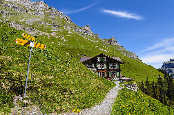 Alp und Restaurant Obersteinberg im Lauterbrunnental  Berner Oberland  Schweiz. Über dem Dach die Berge Spitzhorn und Tanzbödeli (rechts).