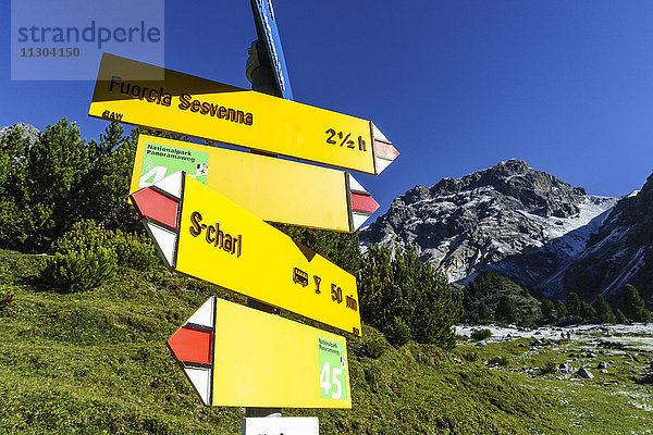 Wegweiser im Tal Val Sesvenna  Unterengadin  Schweiz. Im Hintergrund der Berg Piz d'Immez.