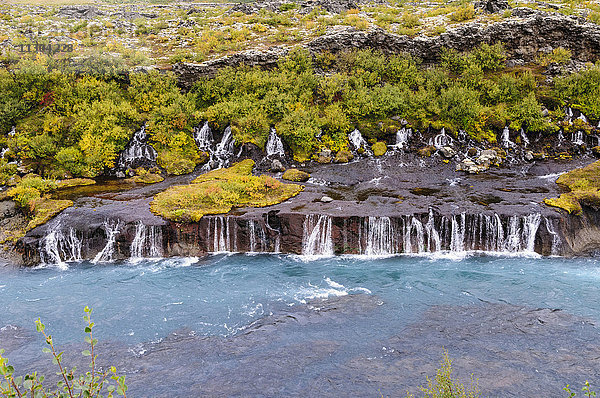 Die Wasserfälle Hraunfossar des Flusses Hvita in der Nähe des Dorfes Husafell im Westen Islands.
