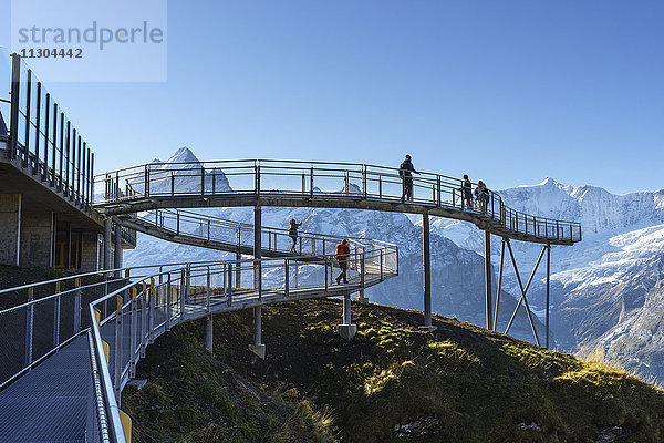Gipfelweg und Aussichtsplattform mit dem Namen First Cliff Walk auf dem Gipfel des First oberhalb von Grindelwald  Berner Oberland  Schweiz. Links der Berg Schreckhorn  rechts das Grosse Fiescherhorn.