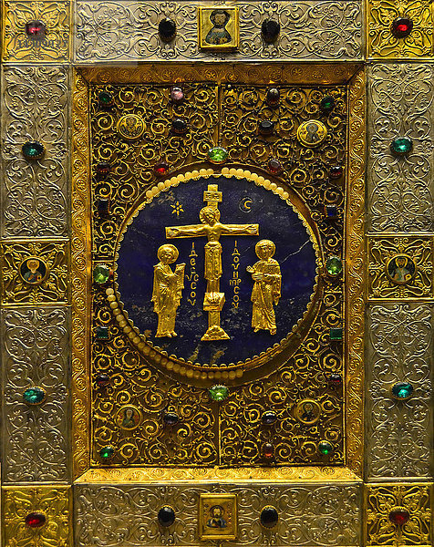 Unbezahlbare antike byzantinische Goldbibeldose  verziert mit großen Rubinen und Saphiren