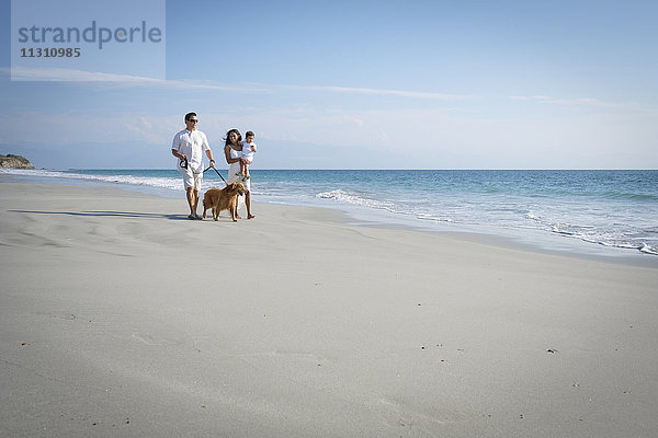 Familienspaziergang am Strand mit Hund