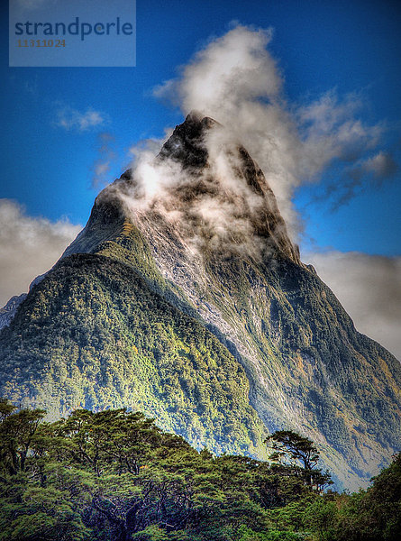 Mount Mitre  Neuseeland  Milford Sound  Neuseeland  Südinsel  Berg  Pyramide  Regenwald  Wolke  Himmel  Vegetation  Gipfel