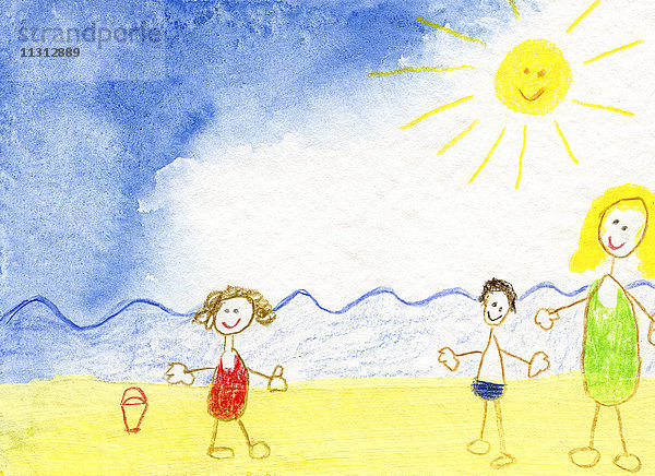 Kinderzeichnung einer glücklichen Familie am Strand