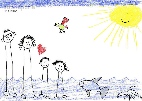 Kinderzeichnung einer glücklichen Familie am Meer