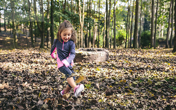 Glückliches kleines Mädchen  das im Wald spielt.