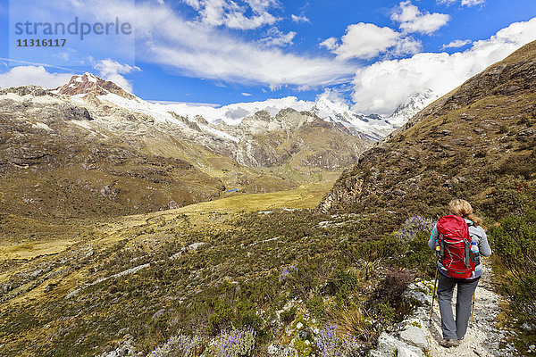 Peru  Anden  Cordillera Blanca  Huascaran Nationalpark  Wanderweg mit Blick auf Nevado Huascaran und Nevado Yanapaccha