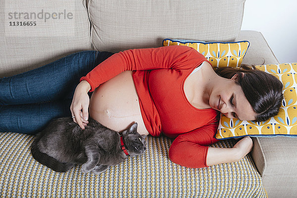 Lächelnde Schwangere liegt mit ihrer Katze auf der Couch.
