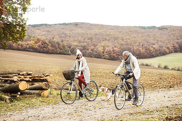 Seniorenpaar bei einer Fahrradtour mit Hund im Herbst