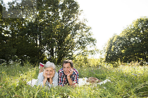 Seniorenpaar auf einer Wiese nebeneinander auf einer Decke liegend