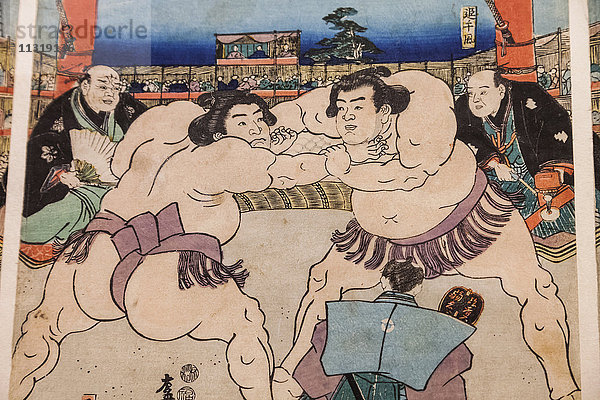 England  London  Kensington  Victoria and Albert Museum alias V&A  The Japan Room  Holzschnitt mit dem Titel ''Great Sumo Tournament Fundraiser'' von Utagawa Kunisada II aus dem Jahr 1852 .