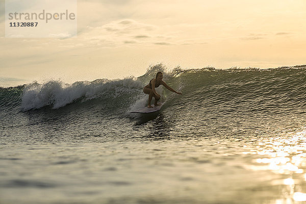 Indonesien  Bali  Frau beim Surfen bei Sonnenuntergang