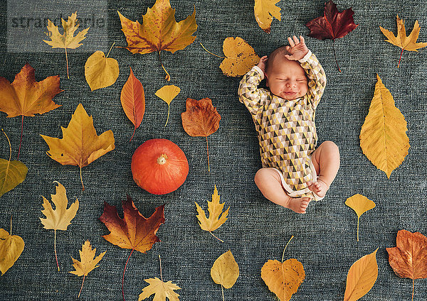 Neugeborenes Baby zwischen Herbstblättern