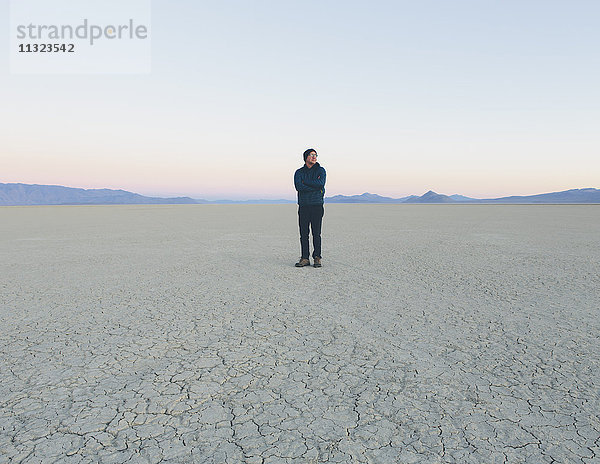 Mann steht im Morgengrauen in riesiger Wüstenlandschaft  Schwarze Steinwüste  Nevada