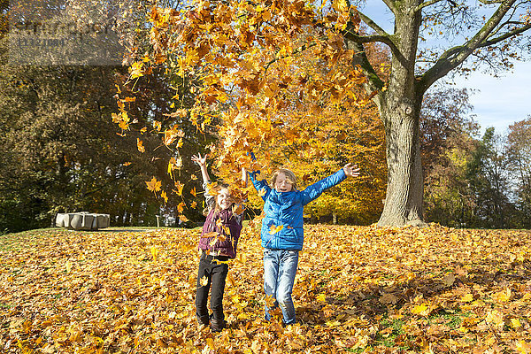 Bruder und Schwester werfen Herbstlaub in die Luft
