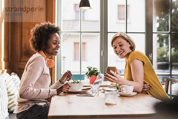 Zwei junge Frauen mit Handy-Treffen in einem Cafe