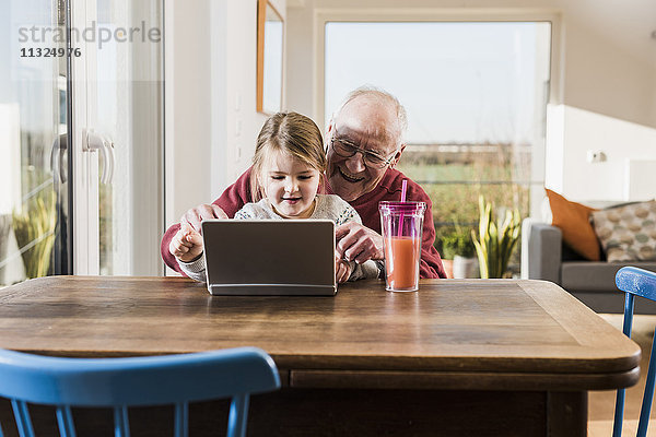 Großvater und Enkelin nutzen gemeinsam den Laptop