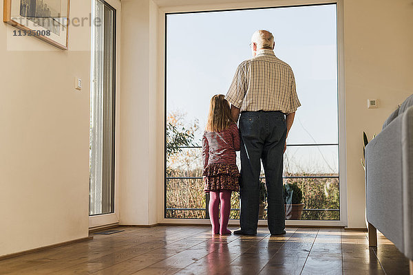 Großvater und Enkelin schauen aus dem Fenster  Rückansicht