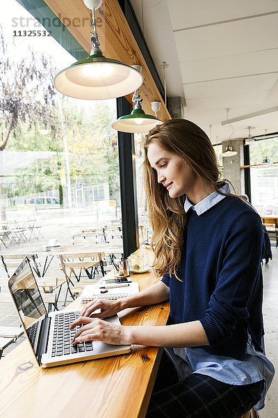 Lächelnde junge Frau arbeitet mit Laptop in einem Cafe
