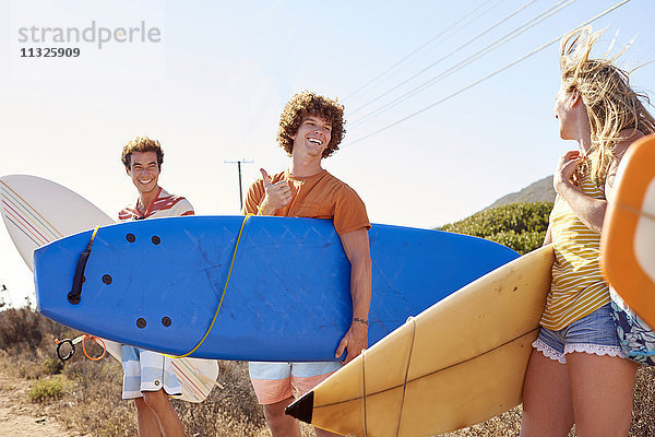 Glückliche Freunde mit Surfbrettern an der Küste