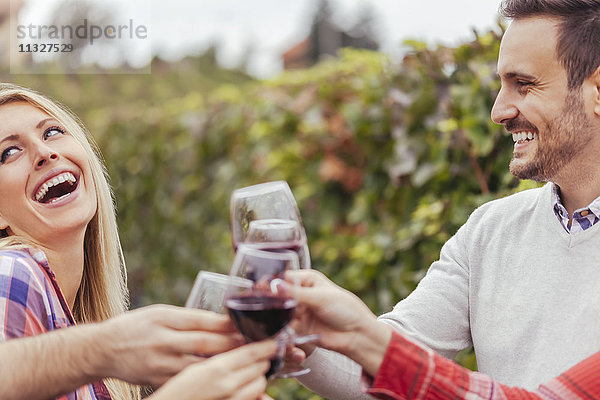 Glückliche Freunde in einem Weinberg klirrende Rotweingläser