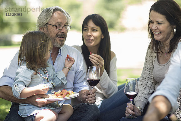 Großfamilie beim Picknick mit Snacks und Wein
