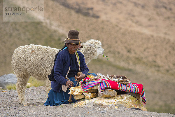 Frau und Alpaka in Peru