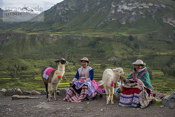 zwei einheimische Frauen mit Alpakas in Peru