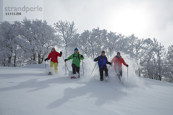 Gruppe beim Schneeschuhwandern im Winter in der Schweiz