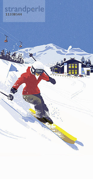 Frau fährt eine Skipiste in einem Skigebiet hinunter