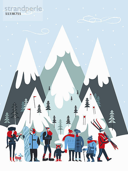 Gruppe von Menschen im Winterurlaub in einem Skigebiet