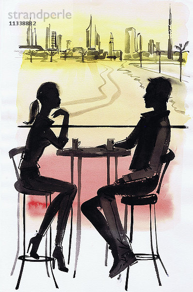 Junges Paar in einem Cafe vor der Stadtansicht von Dubai