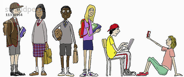 Gegensatz von Schülern in altmodischer Schuluniform und modernen Schülern in Freizeitkleidung mit modernen Computern