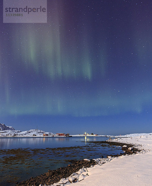 Nordlicht (Aurora Borealis) auf den Schneegipfeln  die sich im kalten Meer spiegeln  Volanstinden  Fredvang  Lofoten  Nordnorwegen  Skandinavien  Europa