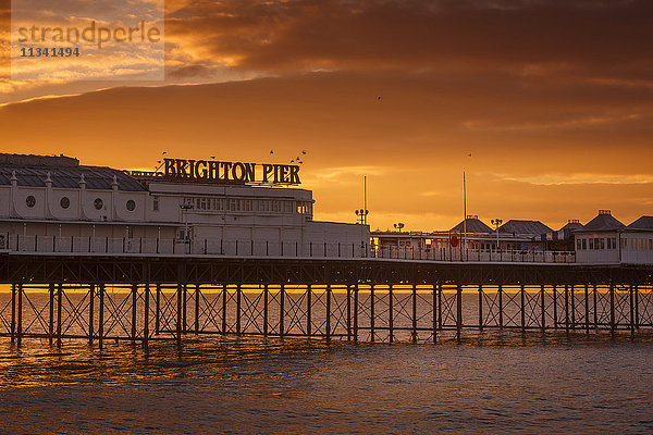 Brighton Pier bei Sonnenaufgang  Brighton  East Sussex  Sussex  England  Vereinigtes Königreich  Europa