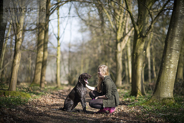 Ein Mädchen geht mit ihrem deutschen Kurzhaar-Zeiger im Wald bei Ashmore in Dorset  England  Vereinigtes Königreich  Europa  spazieren