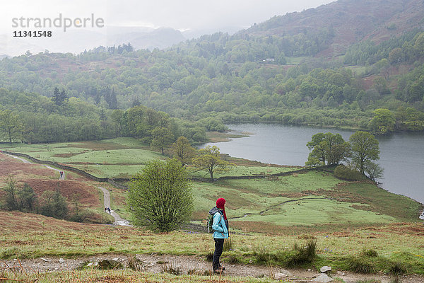 Eine Frau blickt auf das Rydal Water in der Nähe von Grasmere  Lake District National Park  Cumbria  England  Vereinigtes Königreich  Europa