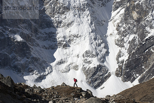 Ein Trekker in der Everest-Region auf dem Weg zum Everest-Basislager vor dem Cholatse  Khumbu-Region  Himalaya  Nepal  Asien